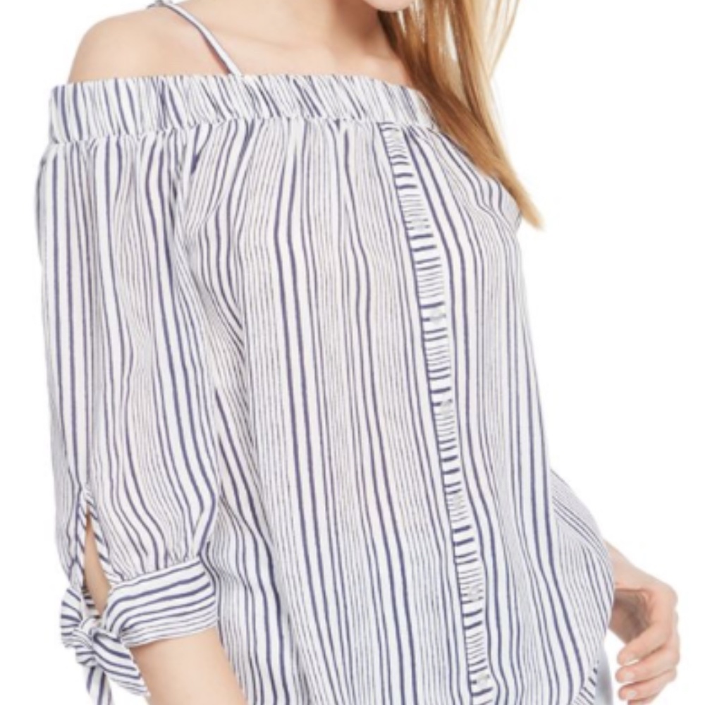 NWT BCX Blue Striped Tie-Cuff Off-The-Shoulder Top (M)